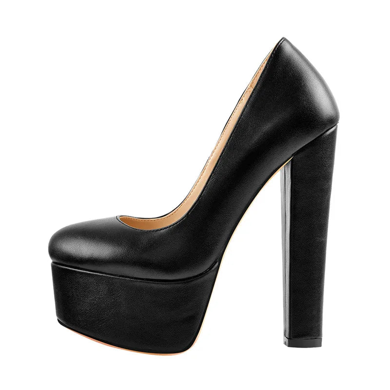 Women Heels Platform Round Toe Chunky High Heels Office Party Wedding Slip On Block Pumps PLUS Size Shoes