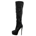 Onlymaker Women Black Platform Over The Knee  Boots 16CM High Heel Stiletto Buckle High  Back Zipper  Plus Size Boots