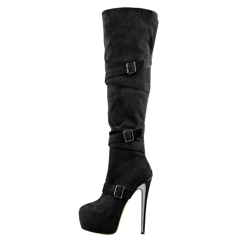 Onlymaker Women Black Platform Over The Knee  Boots 16CM High Heel Stiletto Buckle High  Back Zipper  Plus Size Boots