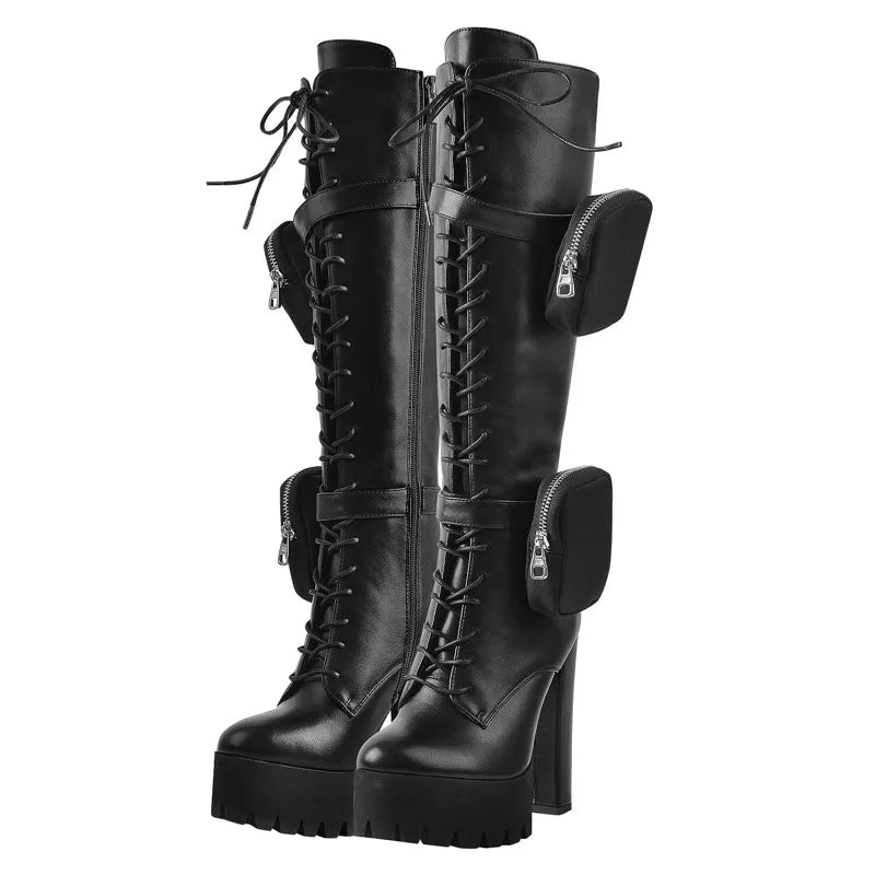 Onlymaker Women  Platform Black Matte Side Zip Front Lace-Up Knee High Boots Big Size Lady Fashion Classic Long Winter Boots