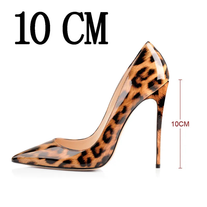 Women's Pointed Toe 8CM 10CM 12CM Thin Heels Leopard Print Sexy Pumps Patent Leather Lady Shoes Big Size US5~US15