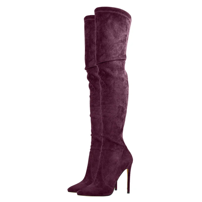 Onlymaker Women Pointed Toe Over the Knee Stretch High Boots Thin High Heel Stiletto Flock Zip Big Size Fashion Woman Boots