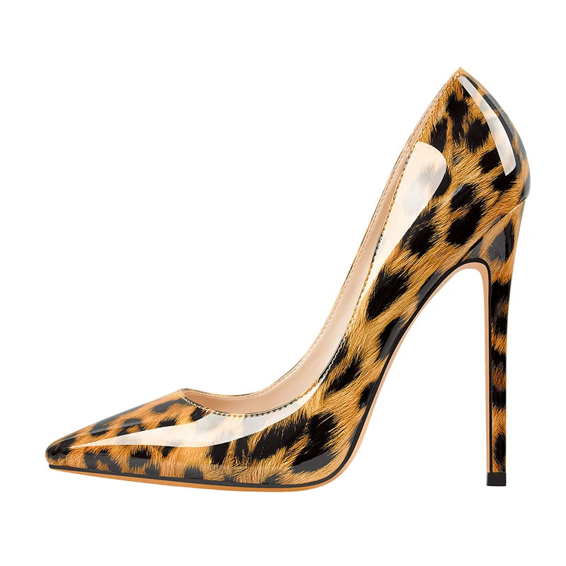 Women's Pointed Toe 8CM 10CM 12CM Thin Heels Leopard Print Sexy Pumps Patent Leather Lady Shoes Big Size US5~US15
