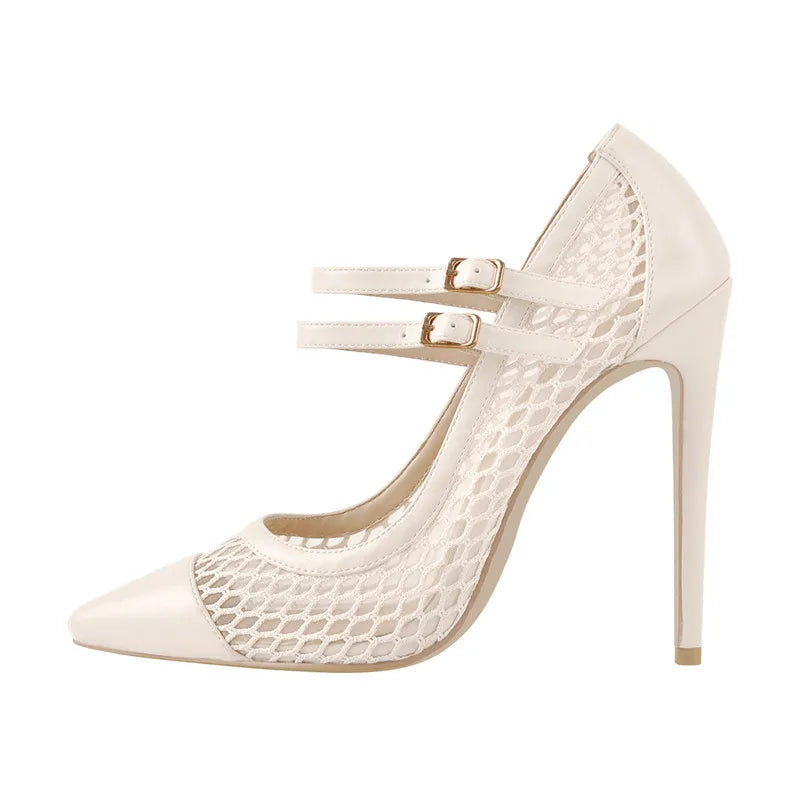 Women Pointed Toe Fashion Thin Heels Mesh Pumps Shoes Woman Big Size Pumps