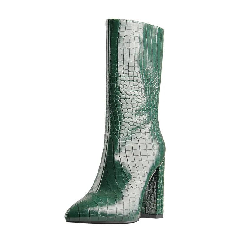 Onlymaker Pointed Toe Ankle Boots 10CM Stone Pattern Zipper Chunky High Heels Green Fashion Thick Big Size Women Boots