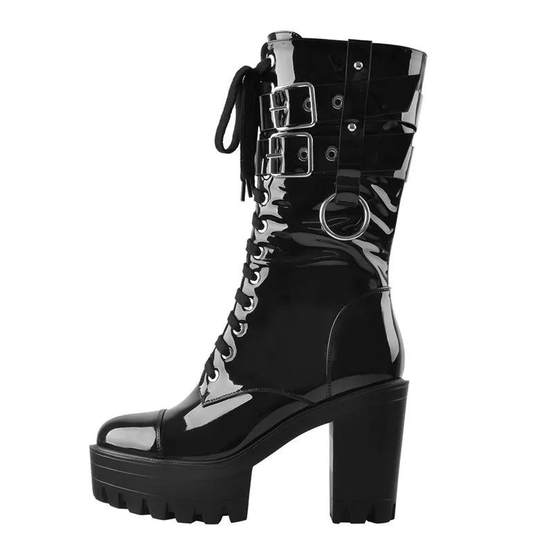 Onlymaker Women Black Platform Punk Boots Patent Leather Lace Up Mid Calf Chunky High Heels Side Zip  Motorcycle Boots