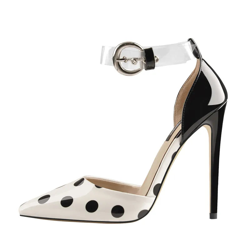 Women Black Polka Dots 12CM High Heel Pointed-Toe Ankle Strap Fashion Stiletto Pumps  Shoes