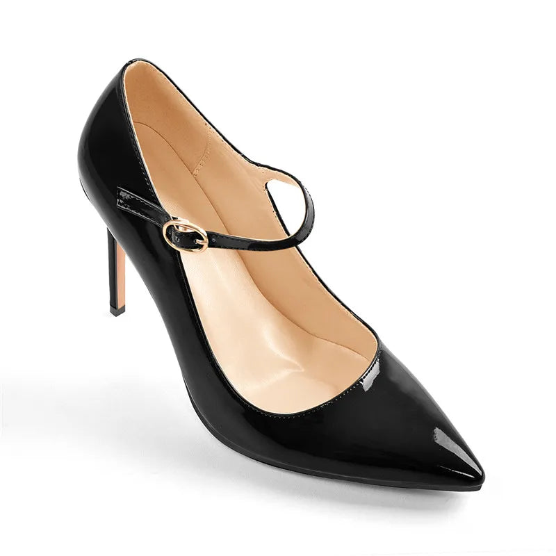 Women Shoes Pointed Toe Mary Jane 10CM  Fashion Thin Heels Pumps Red Patent Leather Woman Big Size Classic Pumps