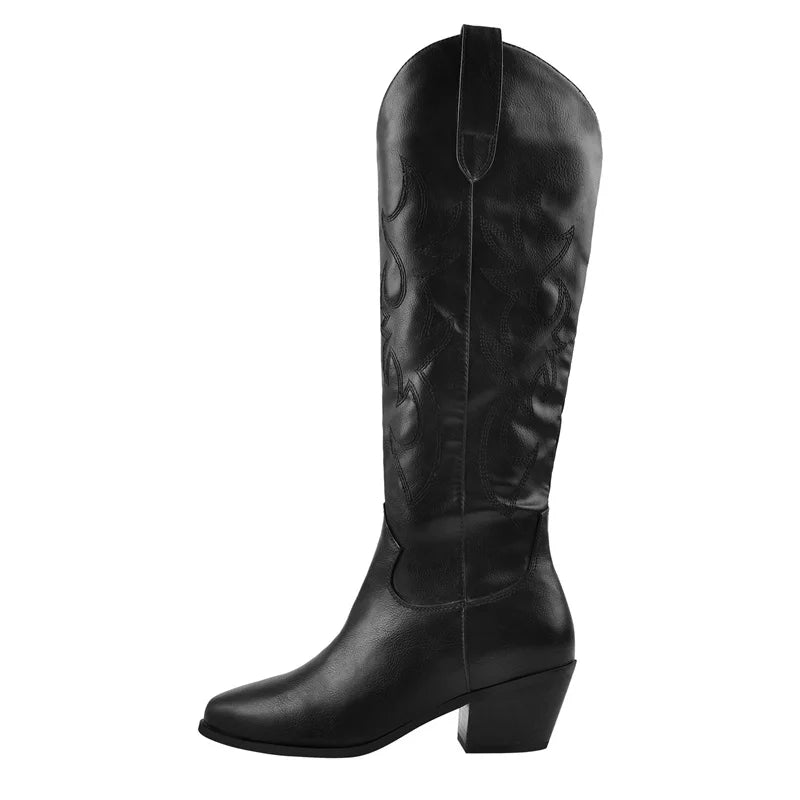 Onlymaker Women White Knee High Boots Western Cowboy Boots Wide Calf Embroidered Pointed Toe Block Heel Pull-On Cowgirl Booties