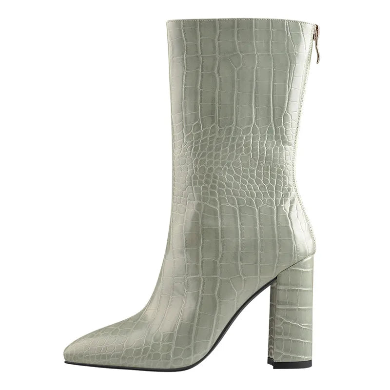 Onlymaker Pointed Toe Ankle Boots 10CM Stone Pattern Zipper Chunky High Heels Green Fashion Thick Big Size Women Boots