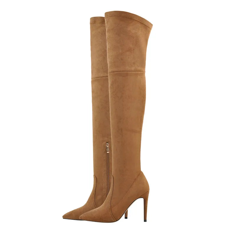 Onlymaker Women Pointed Toe Over the Knee Stretch High Boots Thin High Heel Stiletto Flock Zip Big Size Fashion Woman Boots