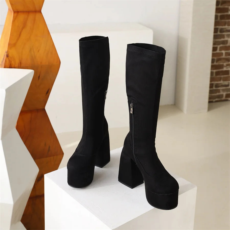 Onlymaker Winter Women Leopard Warm Boots Platform Round Toe Zipper Concise Classic Thick High Heels Party Fashion Dress Boots