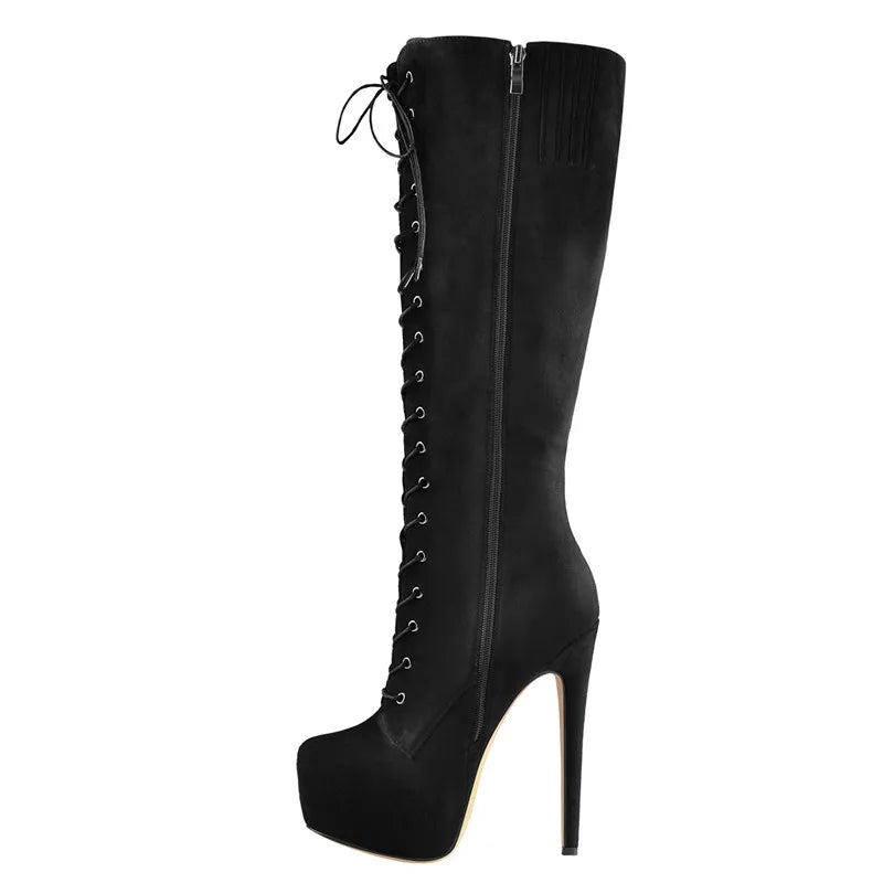 Onlymaker Women's Round Toe Stiletto Platform Zipper Knee High Boots High Heel Lace Up Plus Size Winter Fashion Sexy Boots