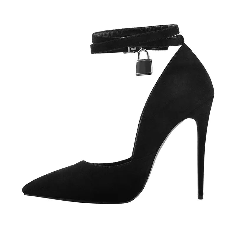 Women 12CM Pointed Toe Black Double Ankle Strap With Lock High Heel Flock  Pumps Big Size US5~US15