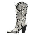 Women Pointed Toe  Zipper Winter  Mid-Calf Boots Fashion Mature Big Size Thick Heels snake Skin Print  Cowboy Boots