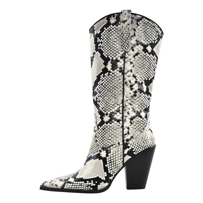 Women Pointed Toe  Zipper Winter  Mid-Calf Boots Fashion Mature Big Size Thick Heels snake Skin Print  Cowboy Boots