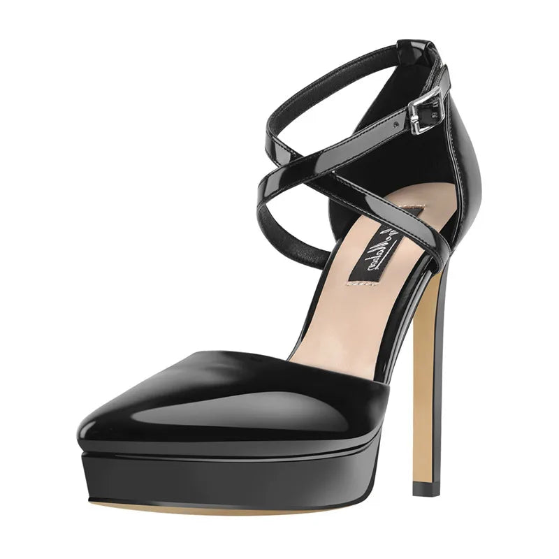 Women Pointed Toe Black Patent Leather Platform   Thin High Heels Criss Cross Buckle Strap Sandals Big Size