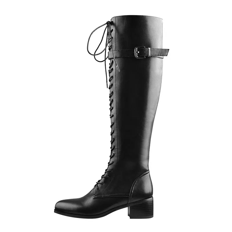 Onlymaker Women Round Toe Black Matte Side Zipper Knee High Boots Lace Up Classic Autumn Winter  Lady Motorcycle Flats Boots