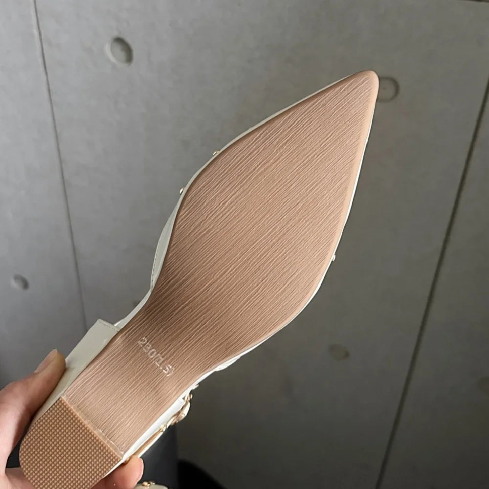 Women Handmade Genuine Leather Soft and comfortable Pointed Toe Strange Heel Rivet Shallow Buckle Strap Shoes