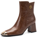 Women's Handmade Genuine Leather ort Boots Metal Square Head High Heel Autumn Winter Slim Fit Street Boots 34-40