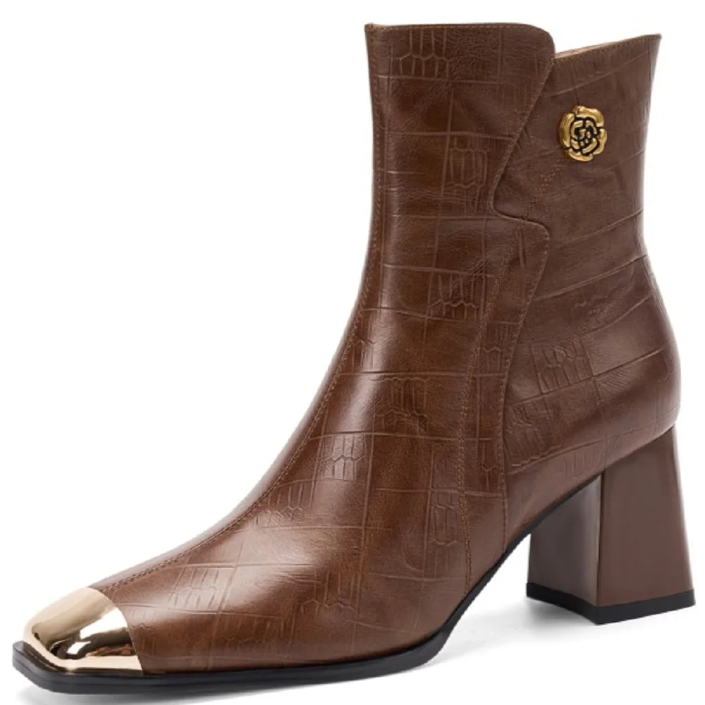 Women's Handmade Genuine Leather ort Boots Metal Square Head High Heel Autumn Winter Slim Fit Street Boots 34-40