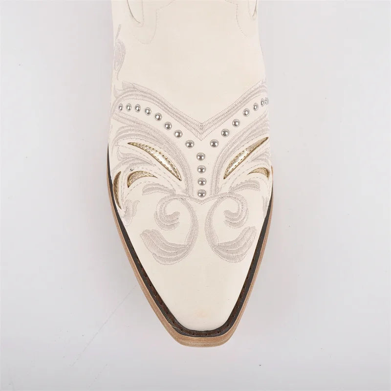 Onlymaker Women Pointed Toe Pull On Western Cowgirl Boots Fringed Chunky Heel Embroidery Cowboy Boots