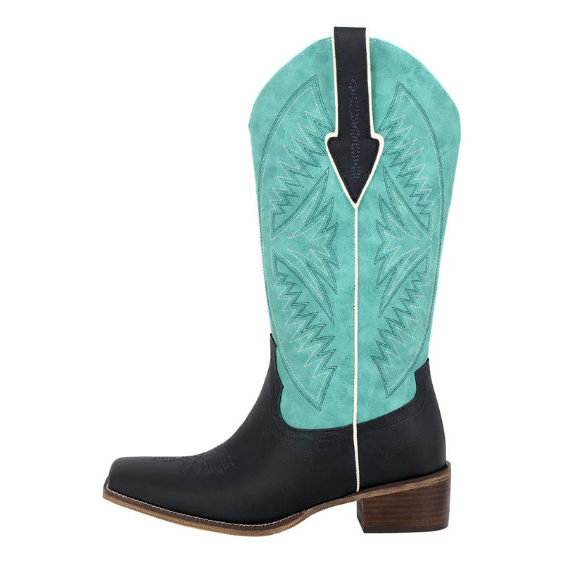 Onlymaker Women Square Toe Embroidered  Western Boots Block Heel Fashion Big Size Side Zipper Cowgirl Boots