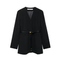 EDSA Women Belt Blazer Long Sleeves with Shoulder Pads V-Neck Jacket Long Sleeves for Office Lady Coat Outerwear