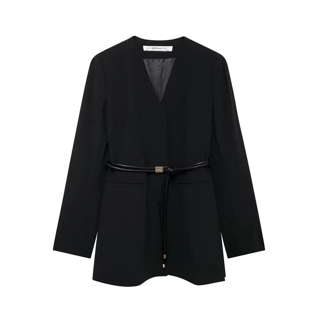 EDSA Women Belt Blazer Long Sleeves with Shoulder Pads V-Neck Jacket Long Sleeves for Office Lady Coat Outerwear