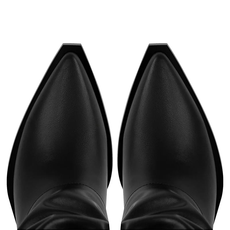 Onlymaker Women Black Matte Pointed Toe Fold Over Knee High Buckle Fashion  Western Boots