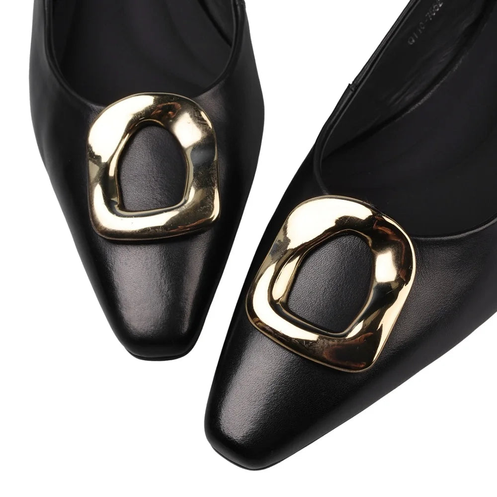 Handmade Genuine Leather Mid Heels Woman's Luxury High-End Elegant Design Commuting Female Color Button Design