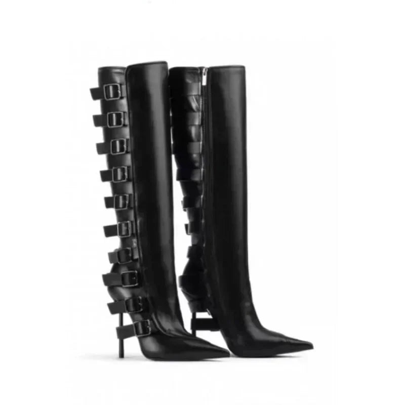 2026 New Belt Buckle Stiletto High Heels Knee Length Boots Autumn/Winter Women's Fashion Pointed Party 34-46 Large Medium Boots