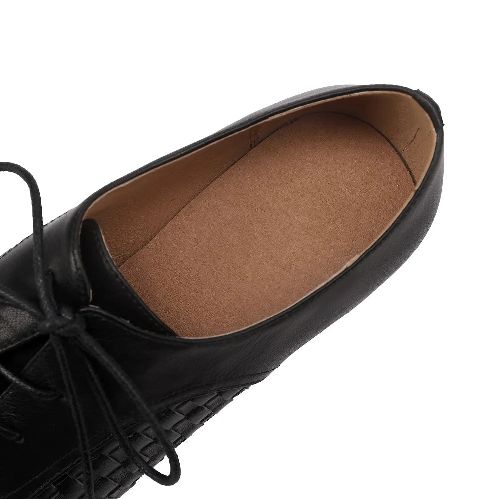 Handmade Genuine Leather Soft Comfortable Mixed color combination with lacesDeep Mouth High Heels Women 33-43