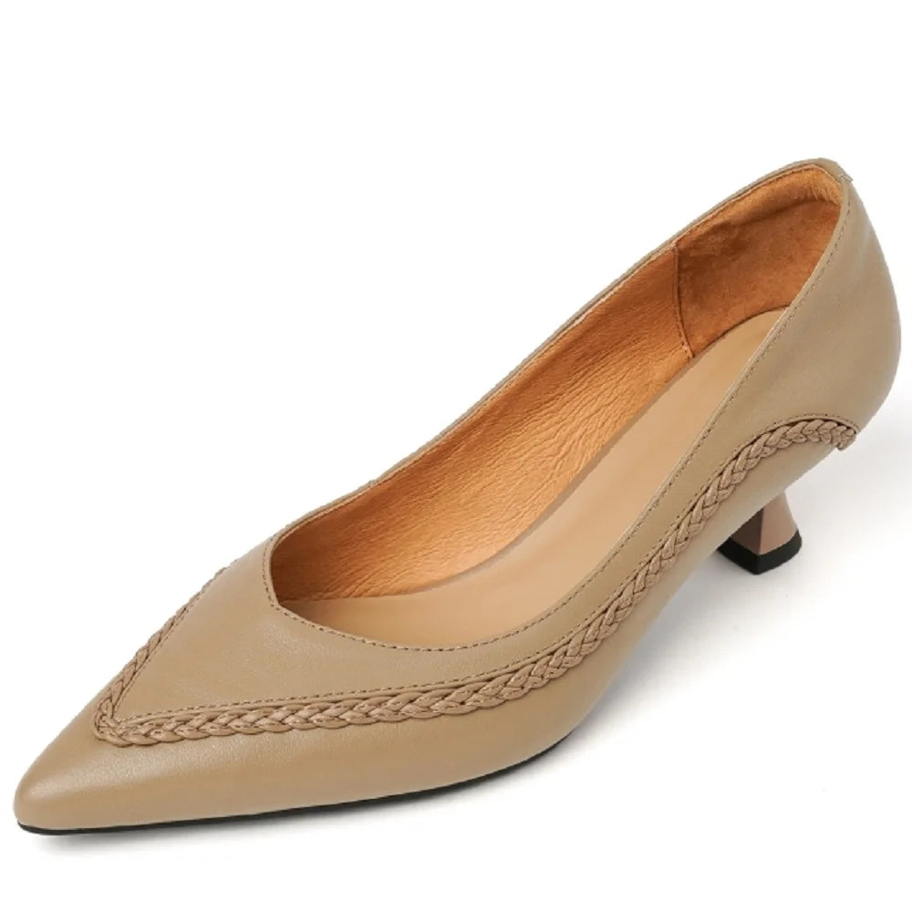 New Women Handmade Genuine Leather Pointed Toe Mid Heel Soft and comfortable Shallow Slip-on Ladies Shoes 34-40