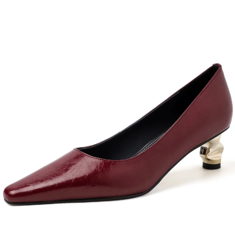 Bright Golden Mid Heels Handmade Genuine Leather Soft and comfortable Mature Lady Daily Office Pumps 33-40