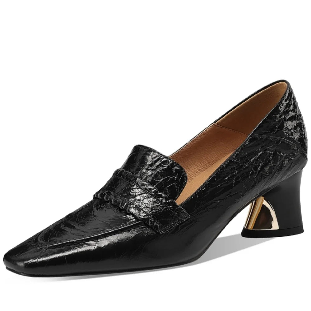 Women Pointed Toe Shoes British Style Handmade Genuine Leather Shallow Heel Slip On Versatile Office Shoes 33-43