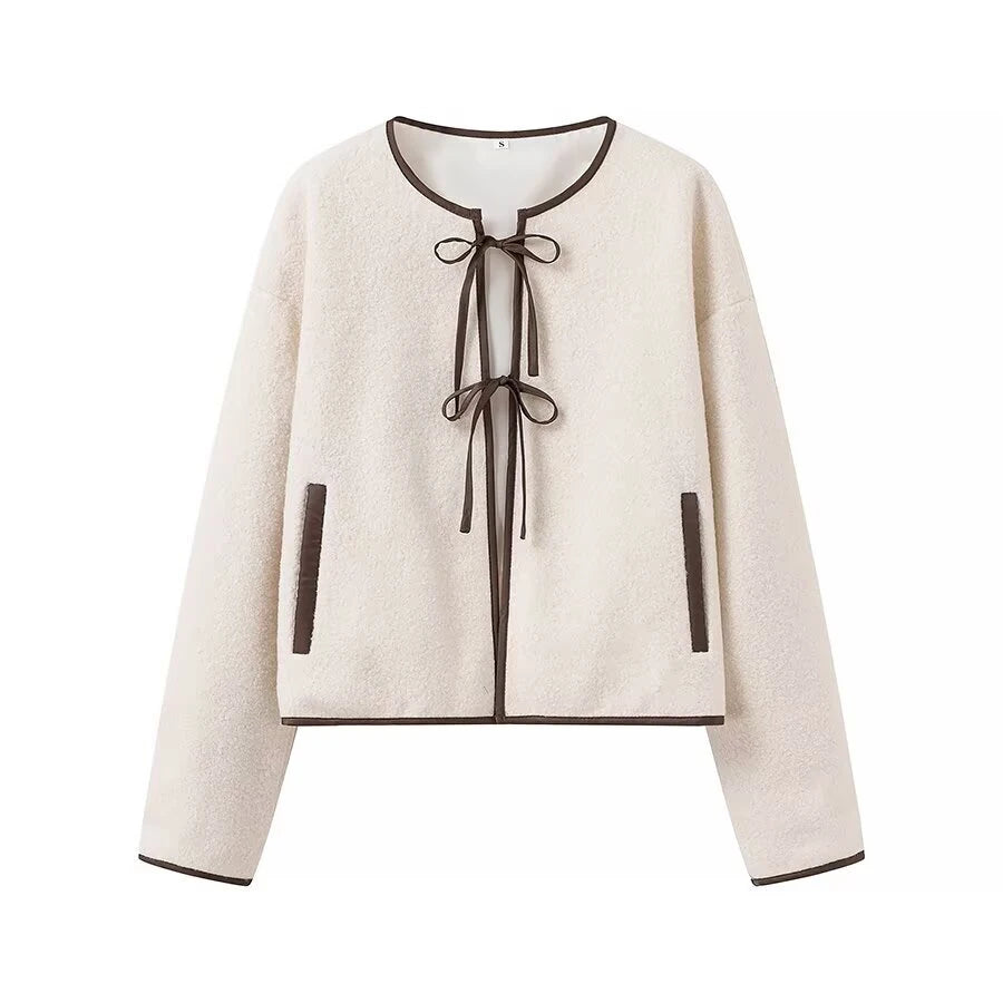 ZERAINS Autumn new women's clothing French design round neck long sleeved bow tie decoration short loose cardigan jacket