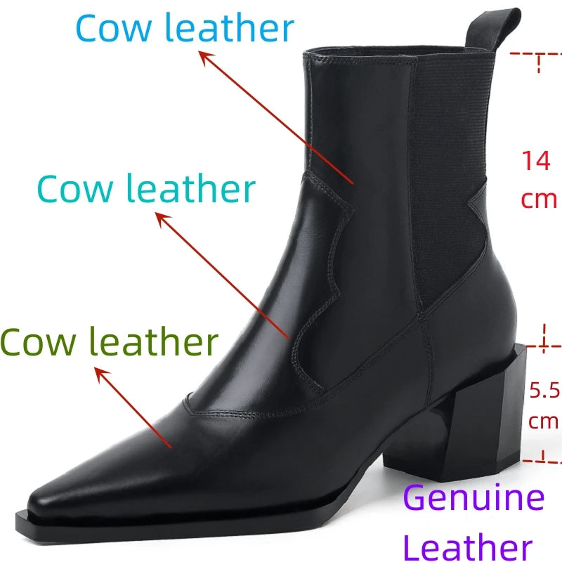Brand Genuine Leather Pointed Toe High Heel Chelsea Boots Women's Winter British Style Coarse Heels Slip-On 33-40