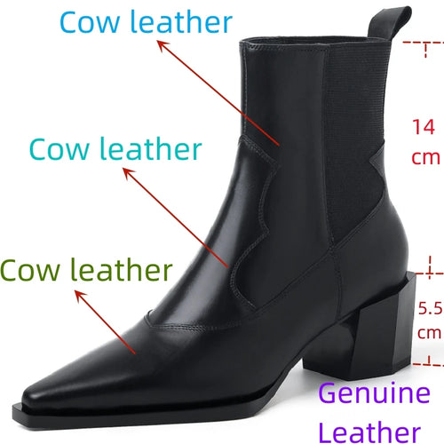Brand Genuine Leather Pointed Toe High Heel Chelsea Boots Women's Winter British Style Coarse Heels Slip-On 33-40