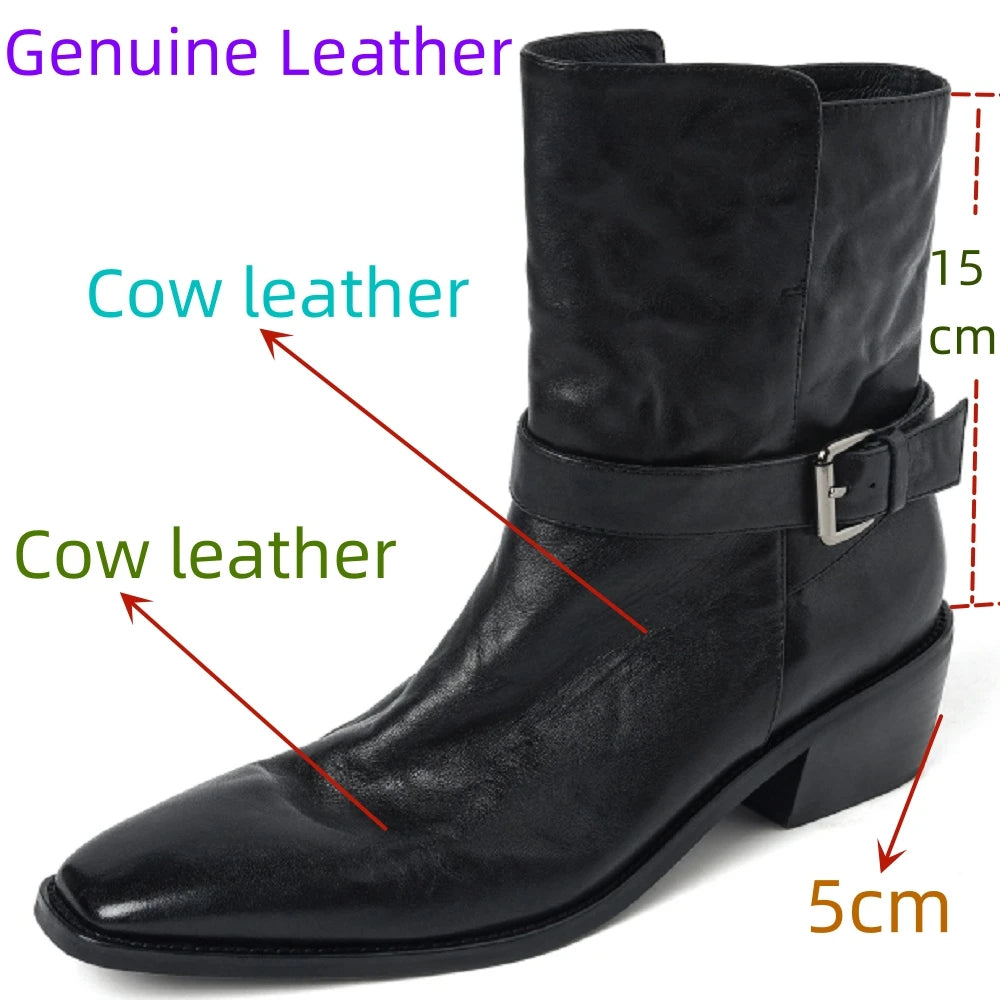 New Quality Women Handmade Genuine Leather Mid Heels Ankle Boots Sexy Square Toe Western Female High Boots 34-40