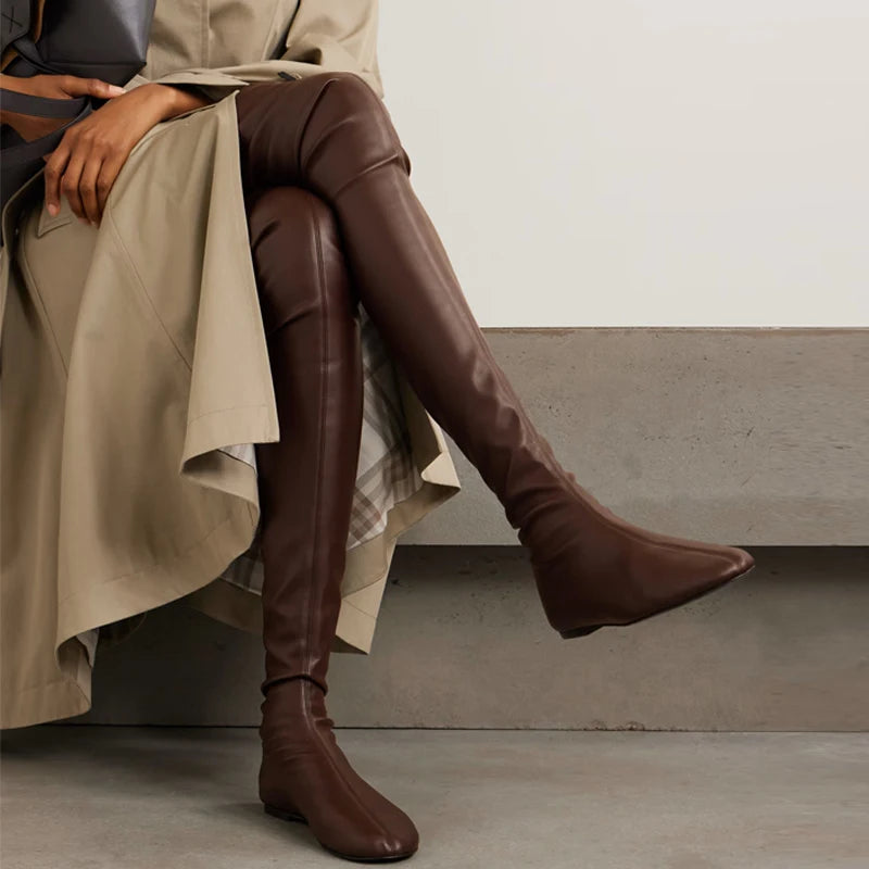 Autumn and Winter Fashion Women's Flat Knee Over Women's Boots Round Head Elastic Boots Women's 34-46 Large Thigh Boots