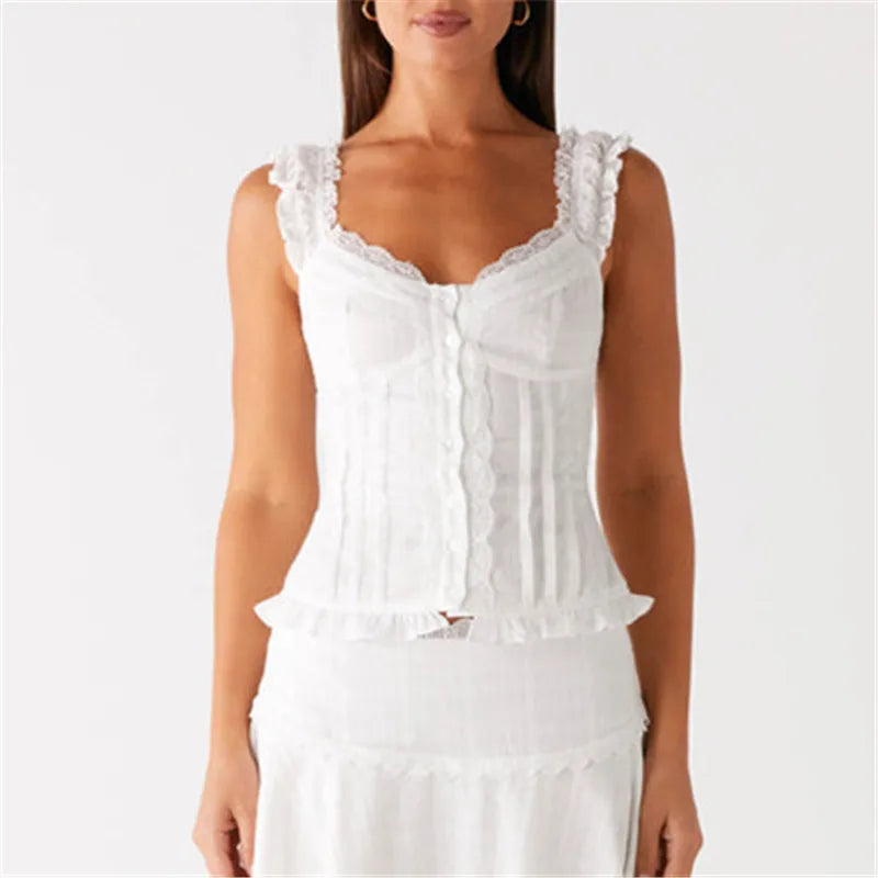 Y2k Ruched Button Up Crop Top 00s Cute Aesthetic Lace Trim T-shirt Vintage Cap Sleeve Milkmaid Tees Women Streetwear