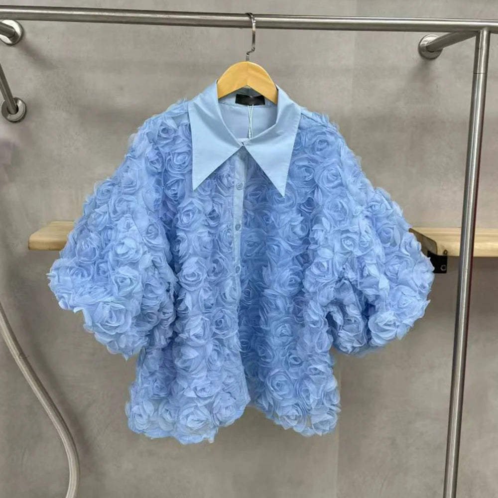 Elegant High End Style Shirts for Women Lapel Half Sleeve Patchwork Petal Stylish Temperament Black Shirt Female Spring New