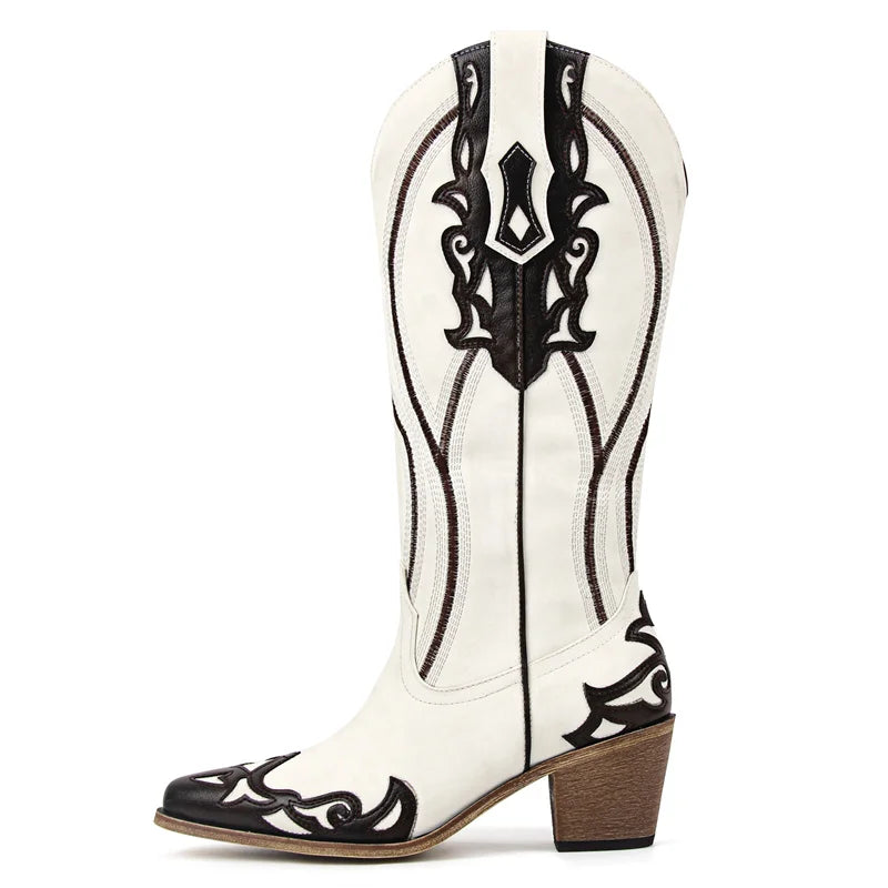 Onlymaker Women Pointed Toe Side Zipper Embroidery Flower Western Cowgirl Boots Chunky Heel Embroidery Cowboy Boots