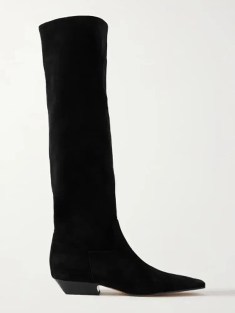 2026 Ladies' Low Heel Knee High Women's Boots Autumn and Winter Square Toe Leather Fashionable 34-46 Large Mid Length Boots