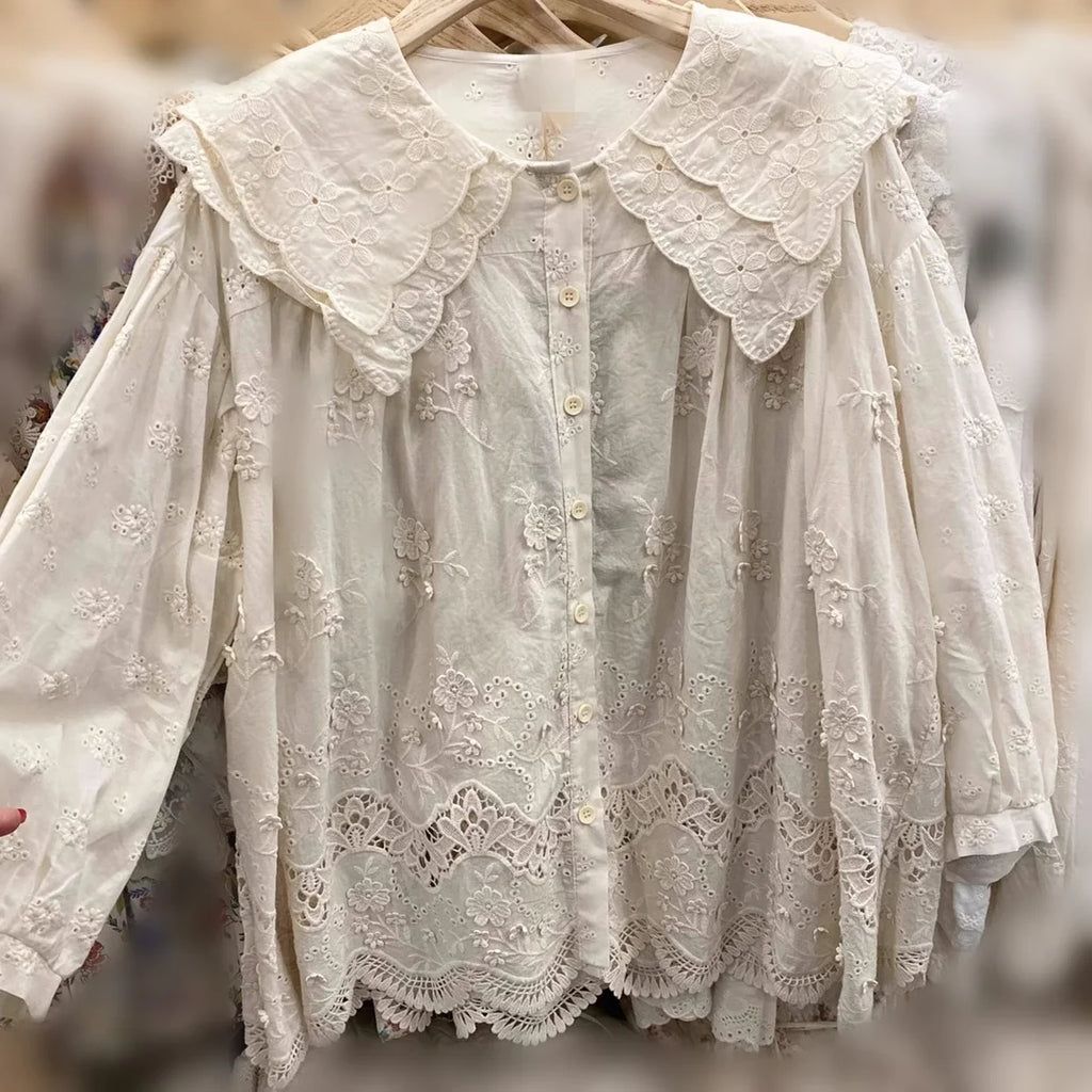 Victorian Retro Chic Cotton Linen Eyelet Floral Embroidery Lace Long Sleeve Shirt Female Rococo Tunic Loose Babydoll Blouse Top