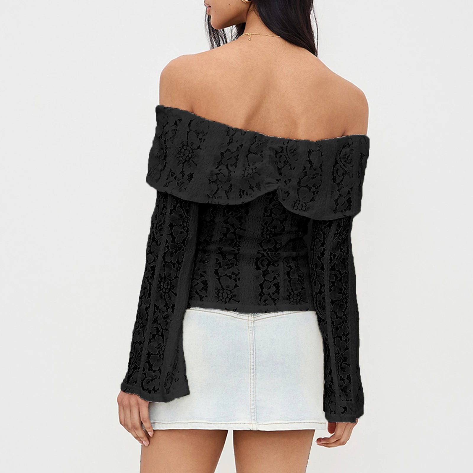 Elegant Women Off Shoulder Lace Tops Slim Fit Tie-up Long Flare Sleeve Backless Tee Shirts Trendy Blouse Streertwear