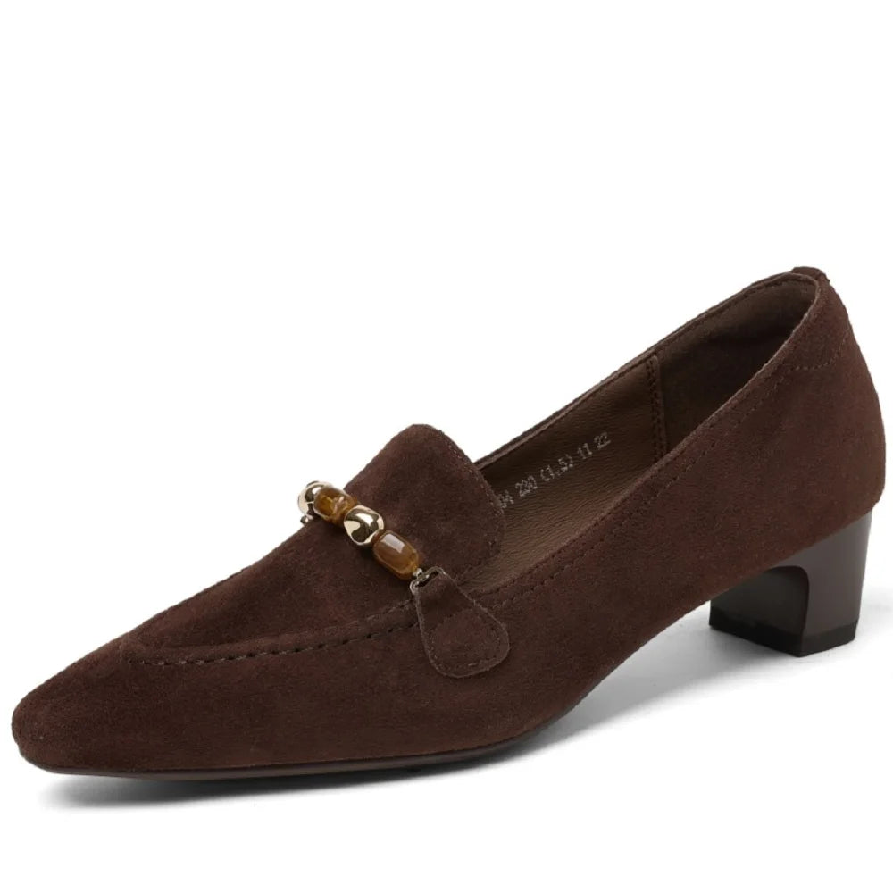 Women Handmade Suede Round Toe Vintage Metal Decoration Solid Color Casual Mid Hells Shoes Female 34-40