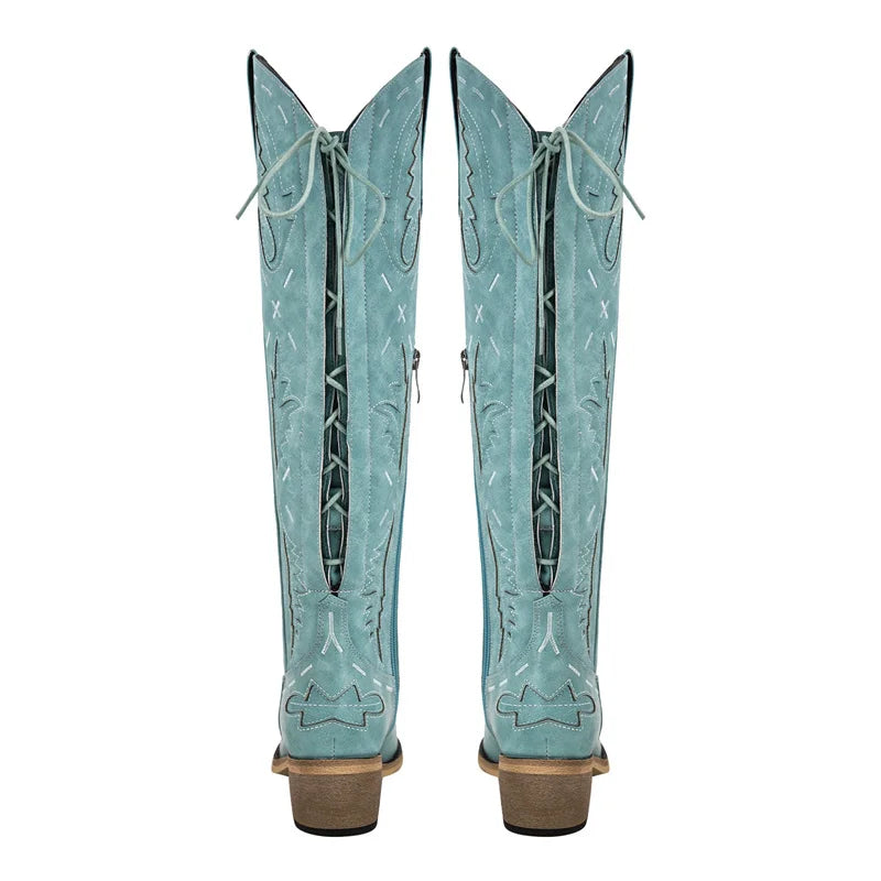 Onlymaker Women Cowgirl Boots Embroidery Lace-up Knee High Wide Calf Western Cowboy Boots