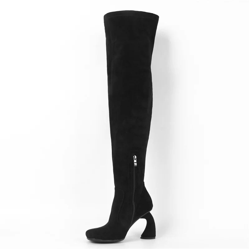 Onlymaker Women Square Toe Flock Over The Knee Boots Side Zipper  Shaped Heel Thigh High Boots